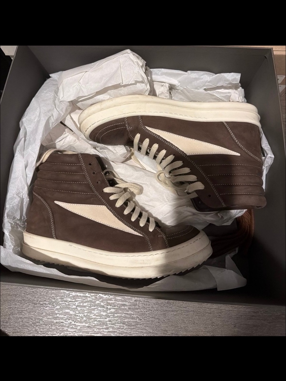 Men's Rick Owen’s Brown High-Top Sneakers with Cream Accents